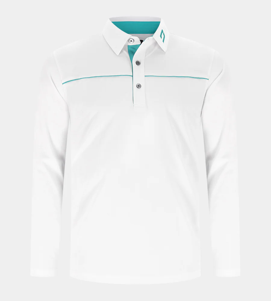 BLOCK PIQUE LONG SLEEVE POLO - WHITE/TEAL