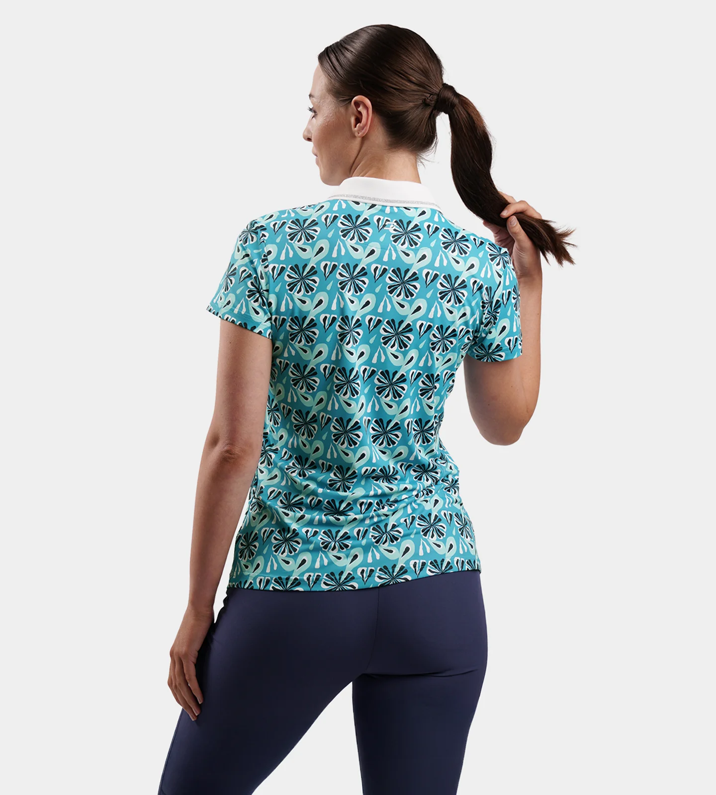 LADIES FLORAL POLO - TEAL - Image 3