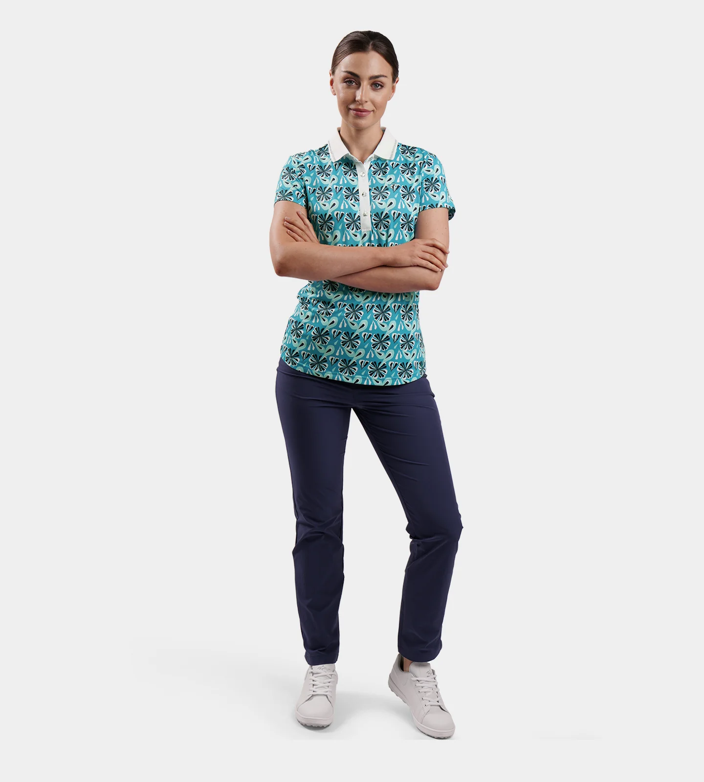LADIES FLORAL POLO - TEAL - Image 6