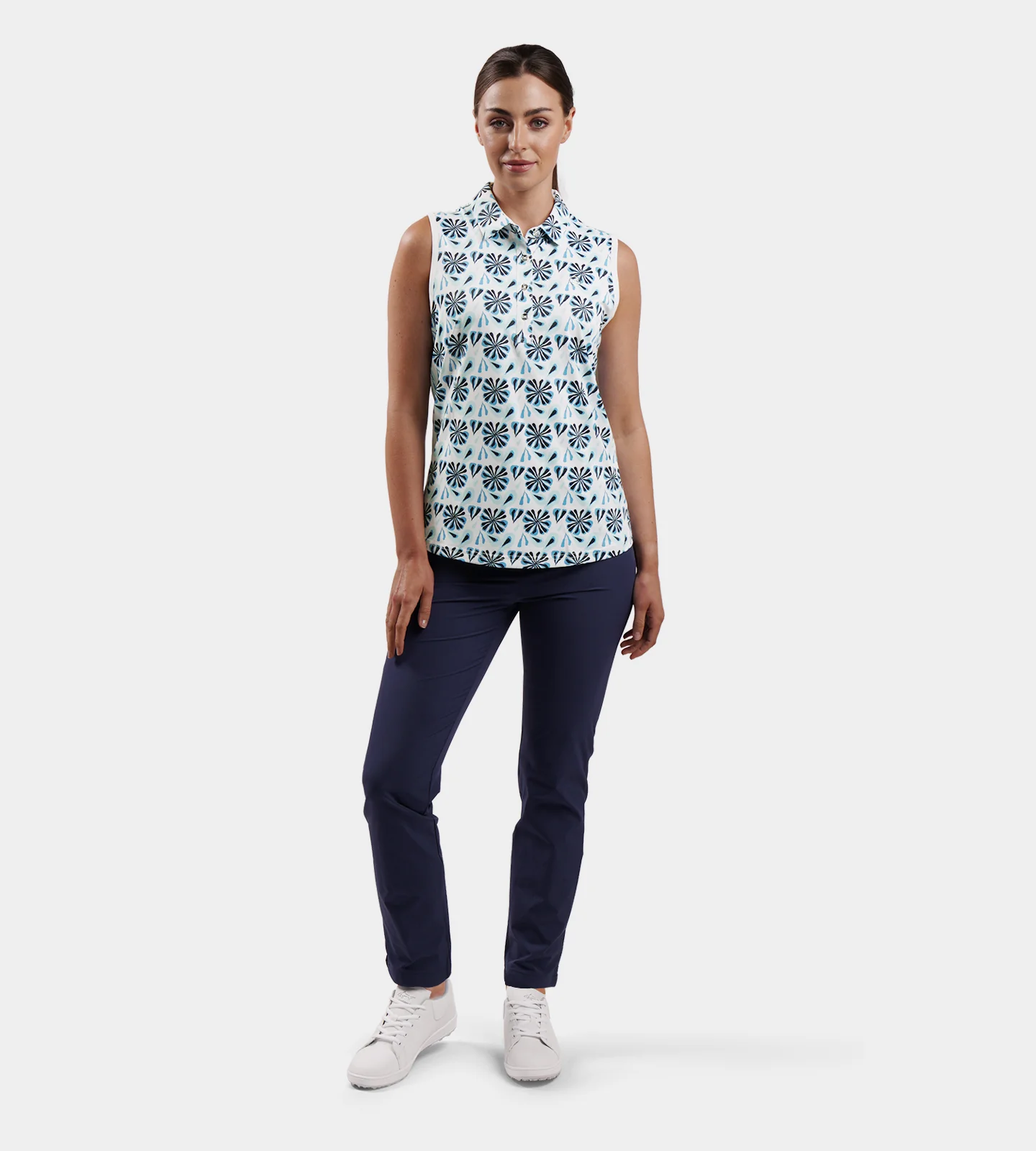 LADIES FLORAL SLEEVELESS POLO - BLUE - Image 6