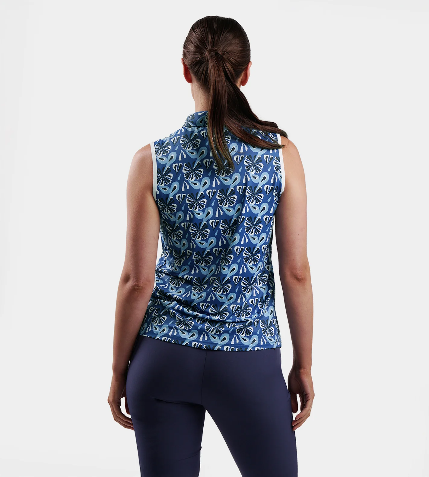 LADIES FLORAL SLEEVELESS POLO - NAVY - Image 4