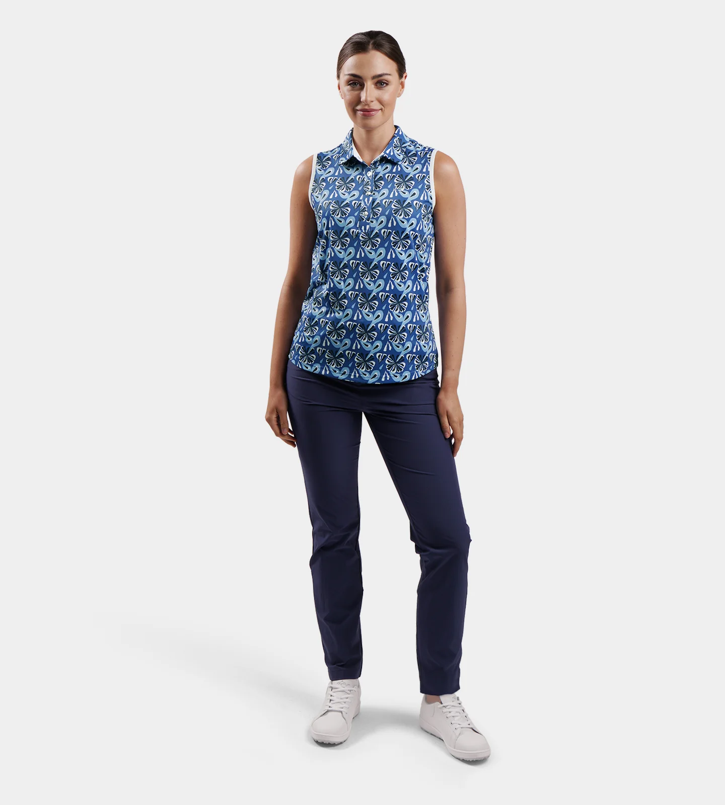 LADIES FLORAL SLEEVELESS POLO - NAVY - Image 6