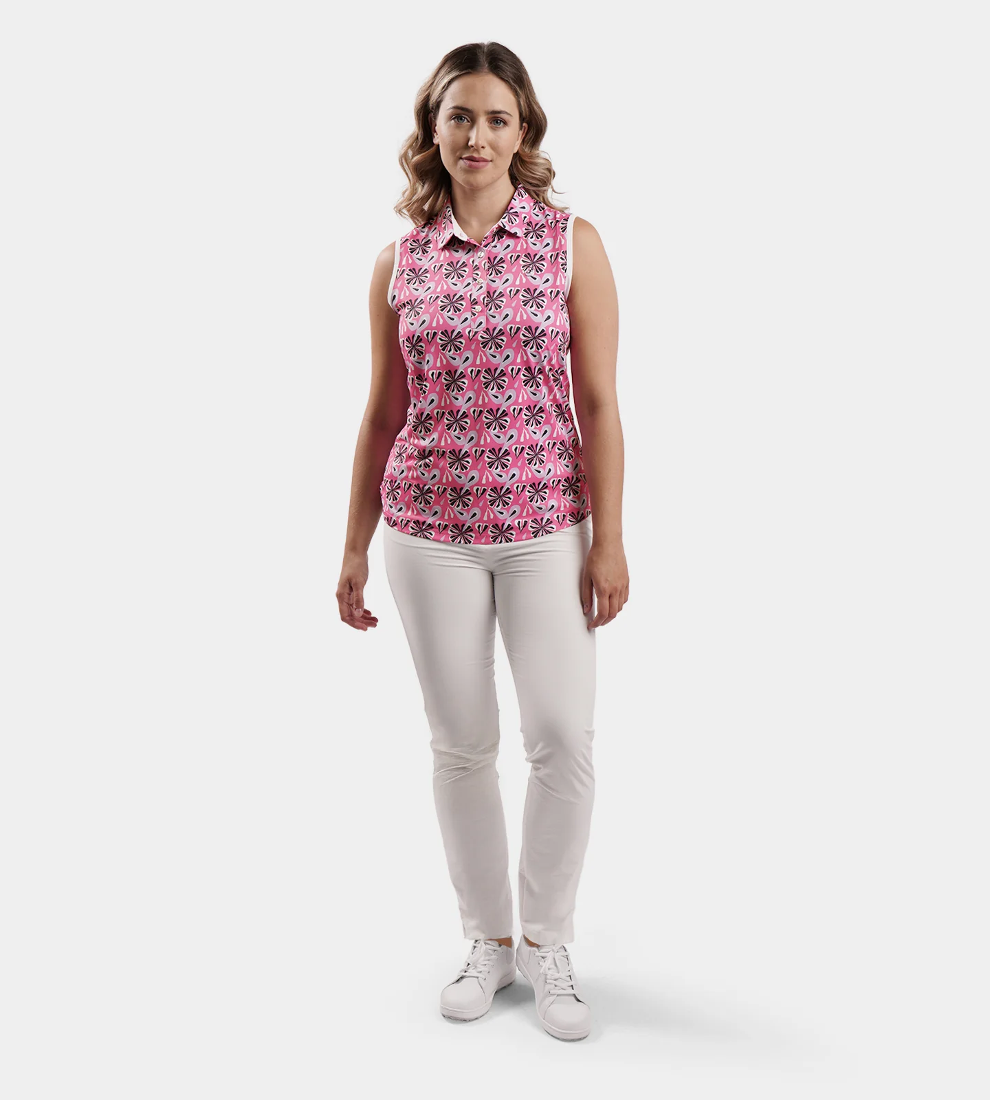 LADIES FLORAL SLEEVELESS POLO - PINK - Image 6