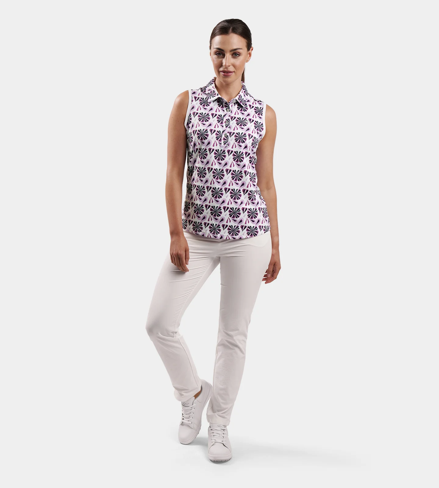 LADIES FLORAL SLEEVELESS POLO - PURPLE - Image 6