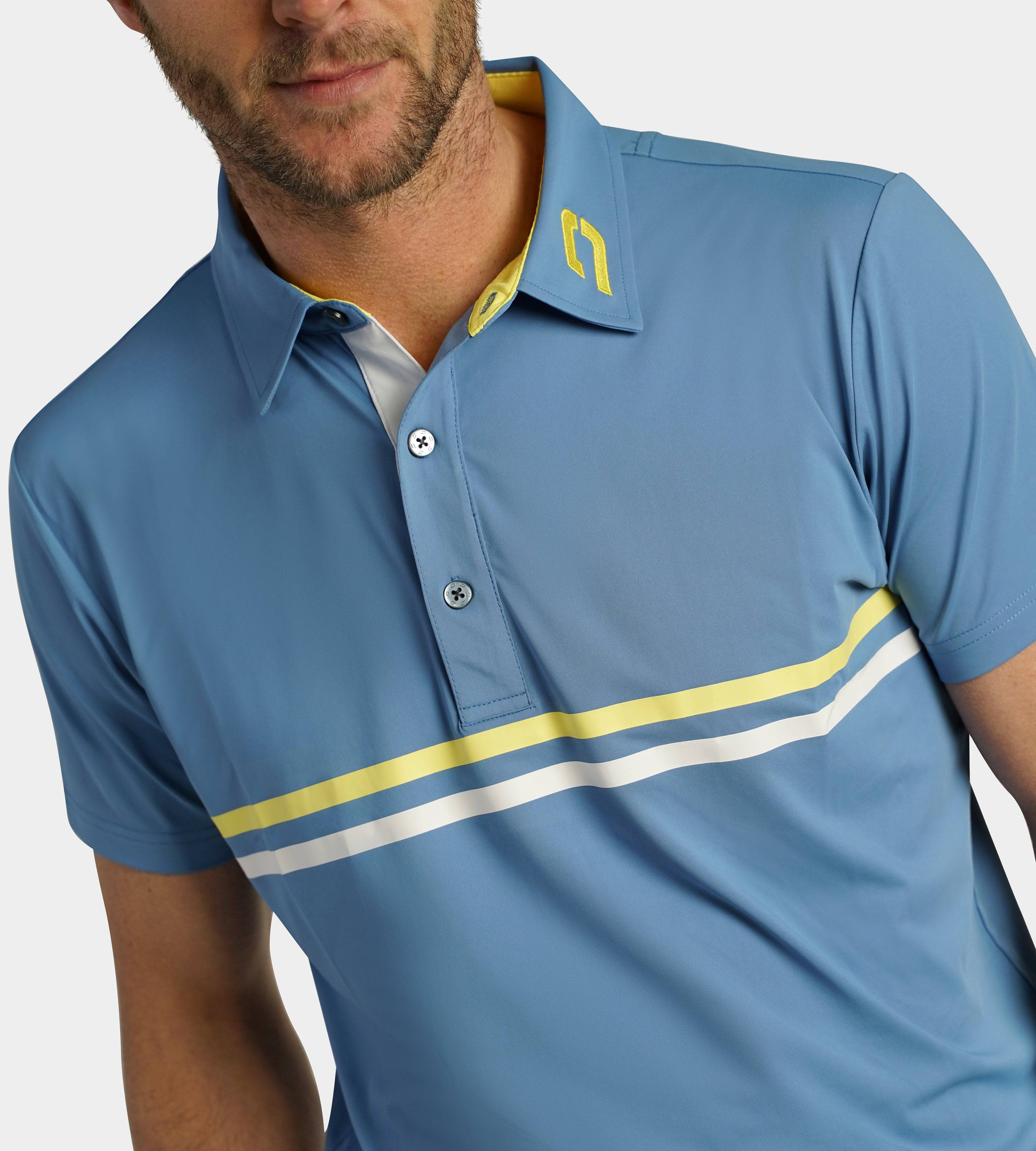 STRIPE PERFORMANCE POLO - BLUE / LEMON - Image 4