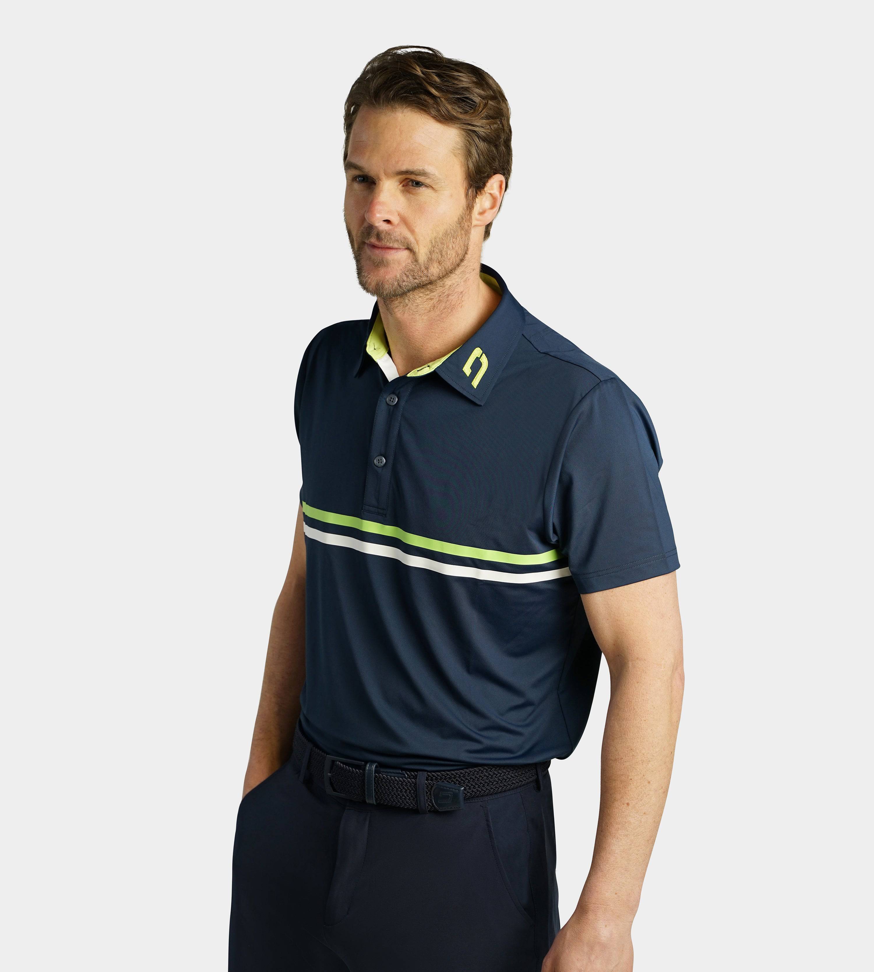 STRIPE PERFORMANCE POLO - NAVY / LIME - Image 3