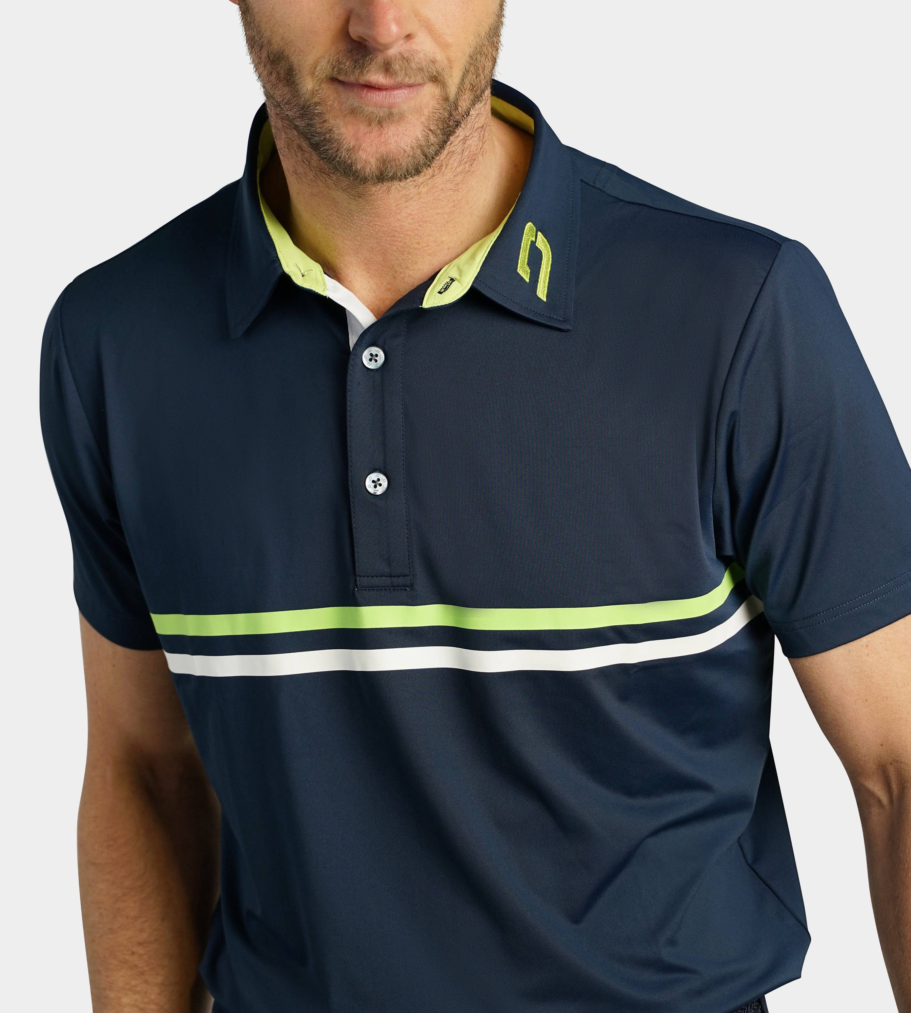 STRIPE PERFORMANCE POLO - NAVY / LIME - Image 4