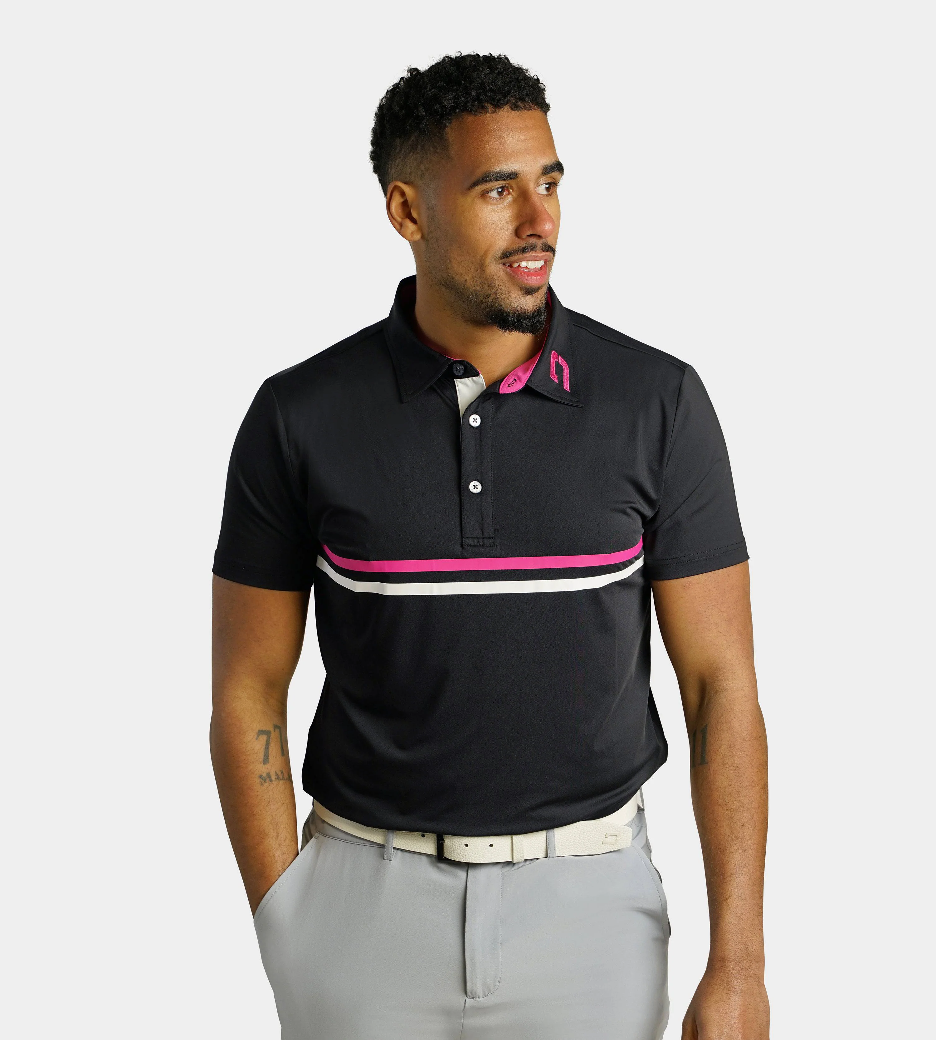 STRIPE PERFORMANCE POLO - PINK / BLACK - Image 3