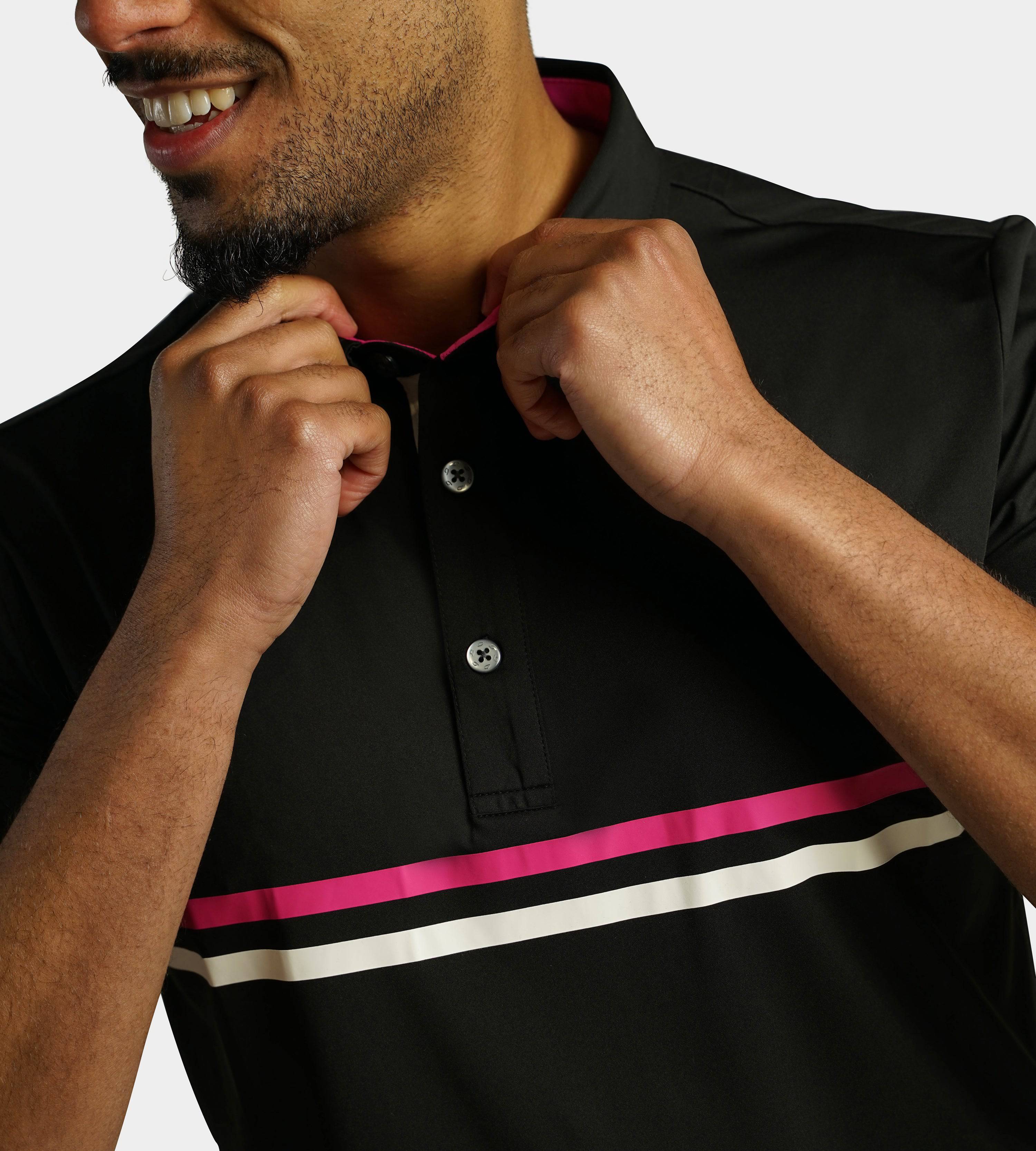 STRIPE PERFORMANCE POLO - PINK / BLACK - Image 4
