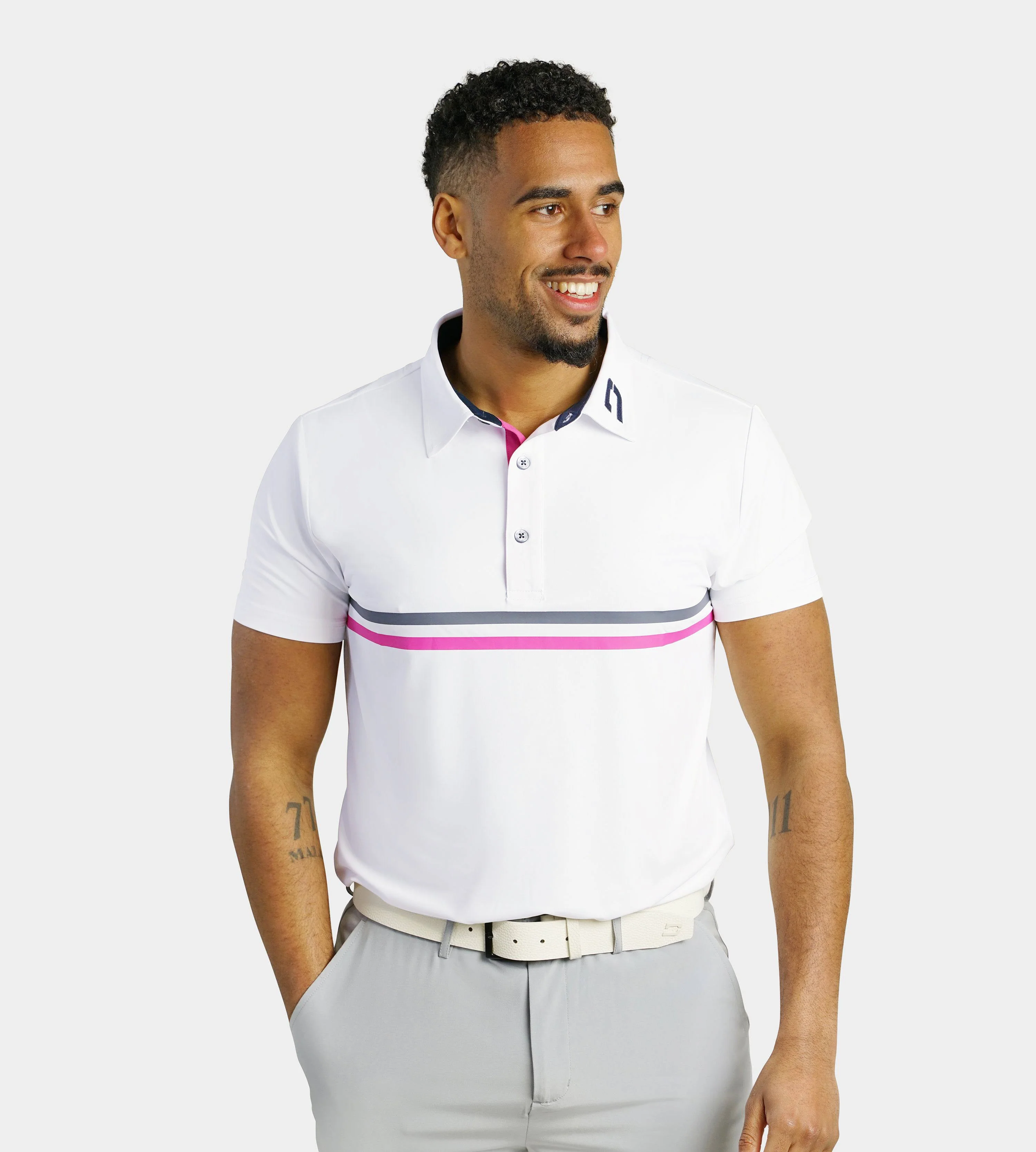 STRIPE PERFORMANCE POLO - WHITE/NAVY - Image 2